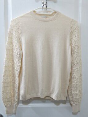 Garnet Hill Beige Pima Cotton Lace Detail Long Sleeve Crewneck Sweater - Size XS